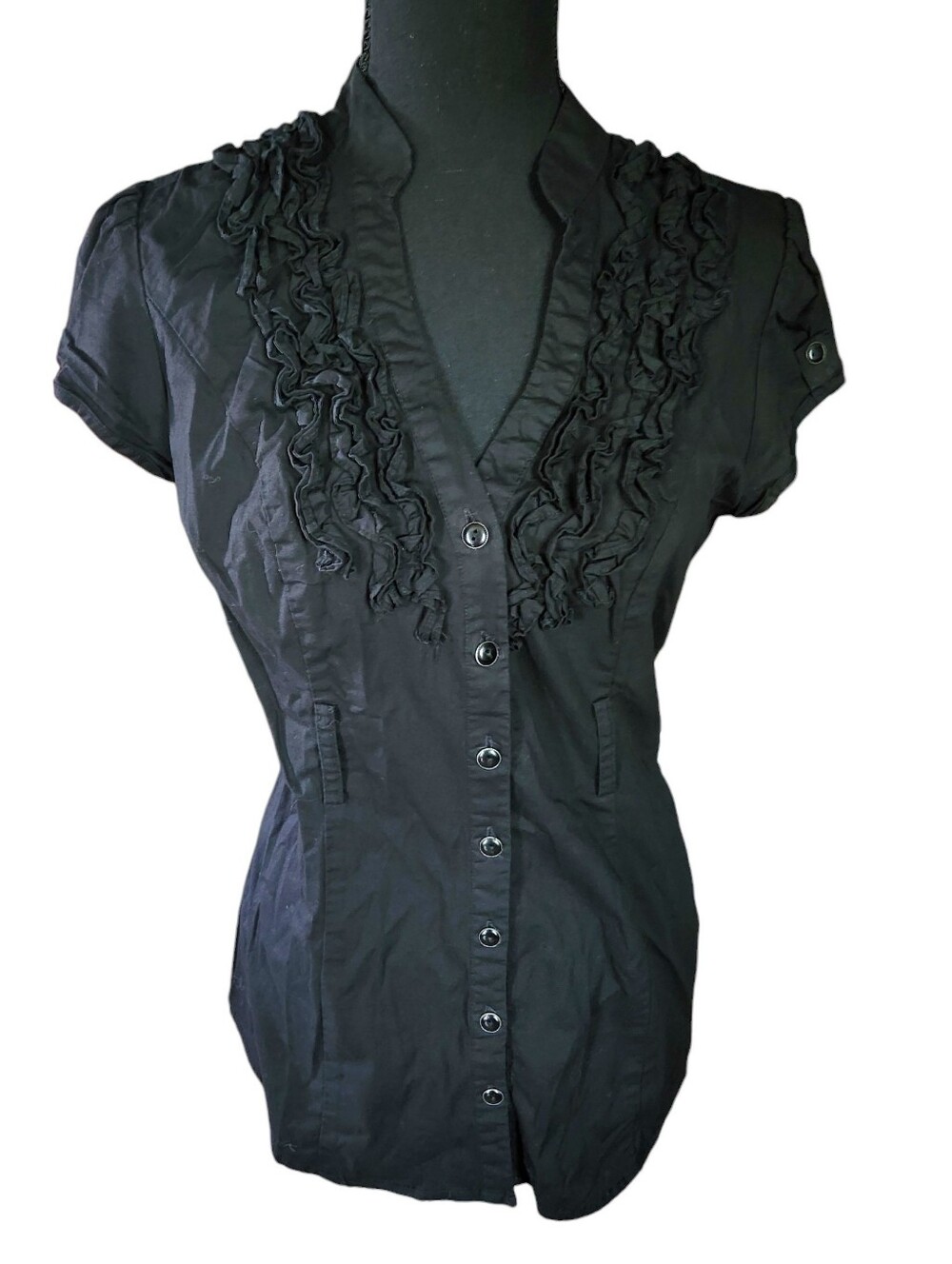 Black Ren Faire Goth Ruffle Heart Soul Button Down Blouse Sz L